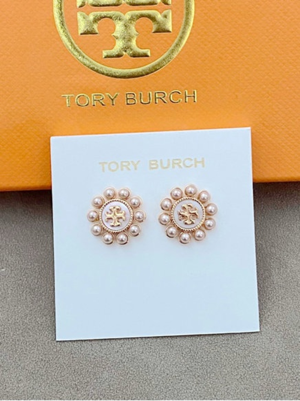 Tory Burch Gold-Tone Pink Pearl Cluster Logo Stud Earrings